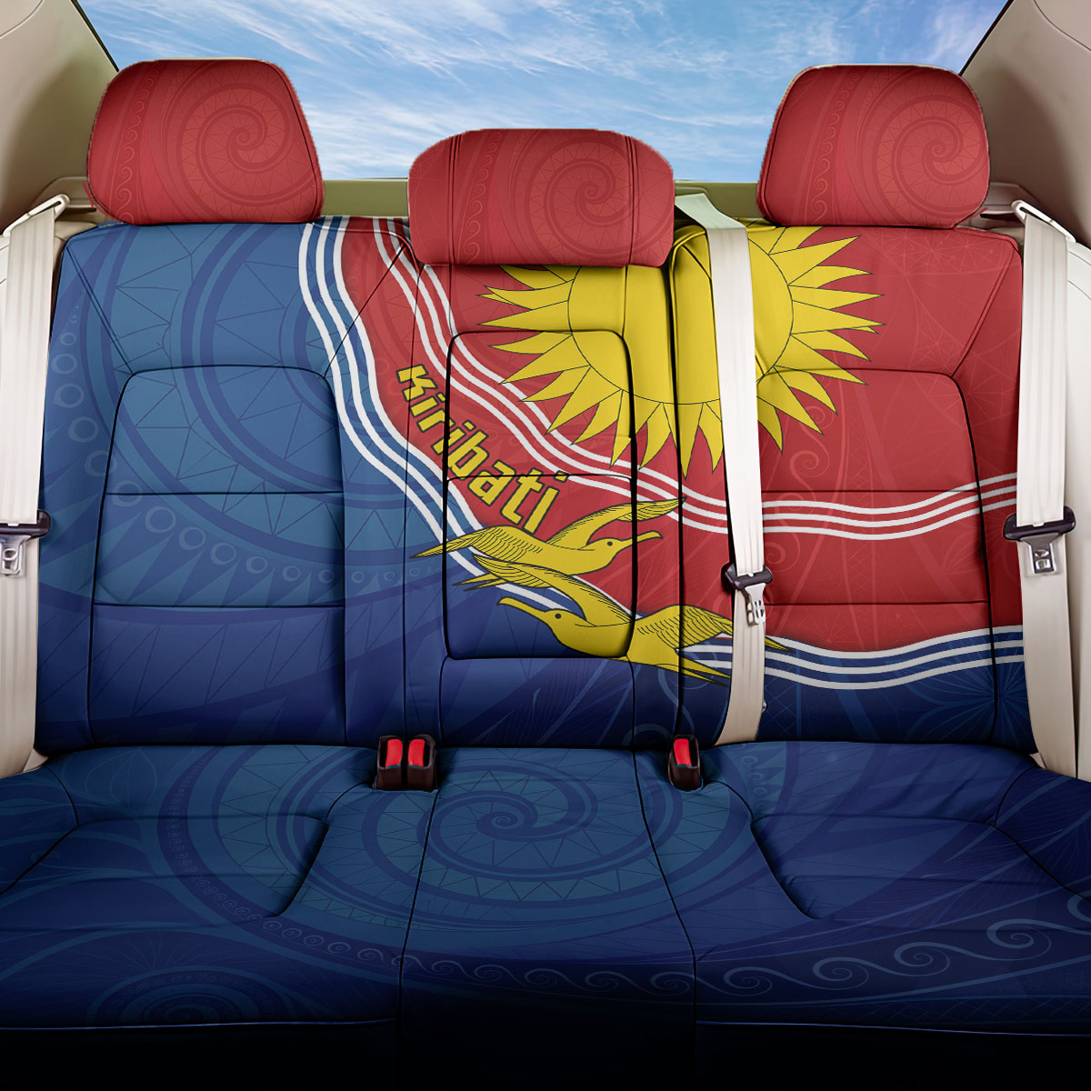 Kiribati Flag Coat Of Arms Back Car Seat Cover Sun Rising Frigatebird Pacific Island Tribal Pattern TS04 One Size Red Yellow - Polynesian Pride