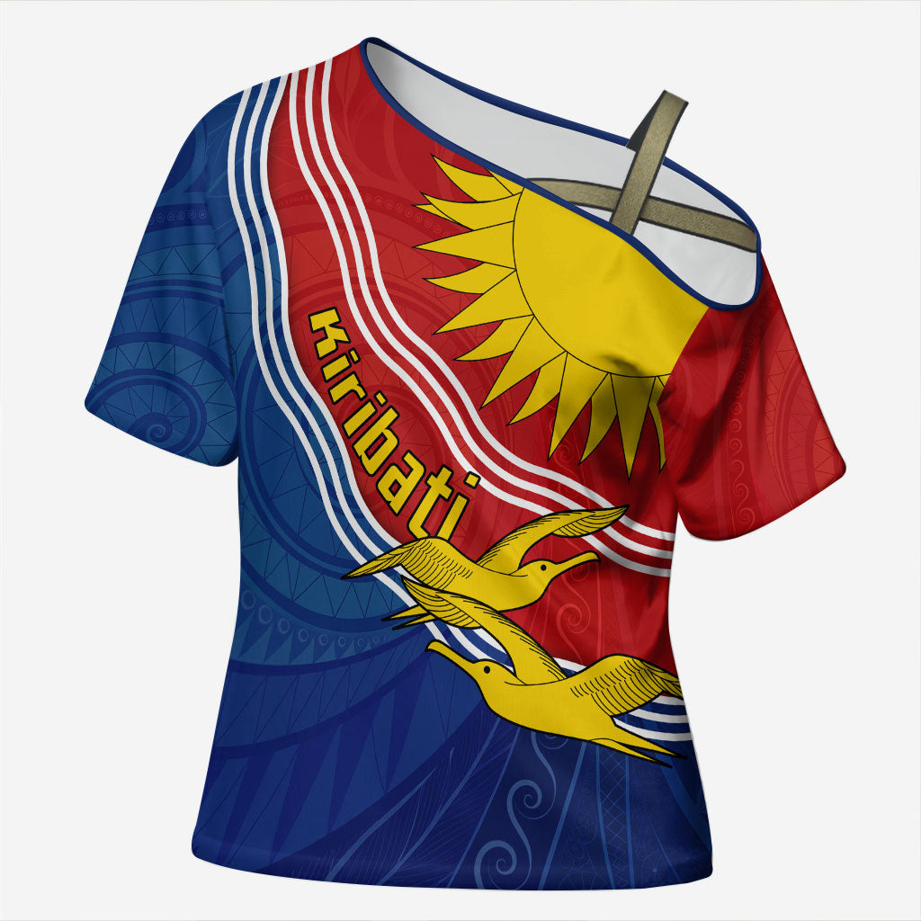 Kiribati Flag Coat Of Arms Cross Shoulder Shirt Sun Rising Frigatebird Pacific Island Tribal Pattern TS04 Female Red Yellow - Polynesian Pride