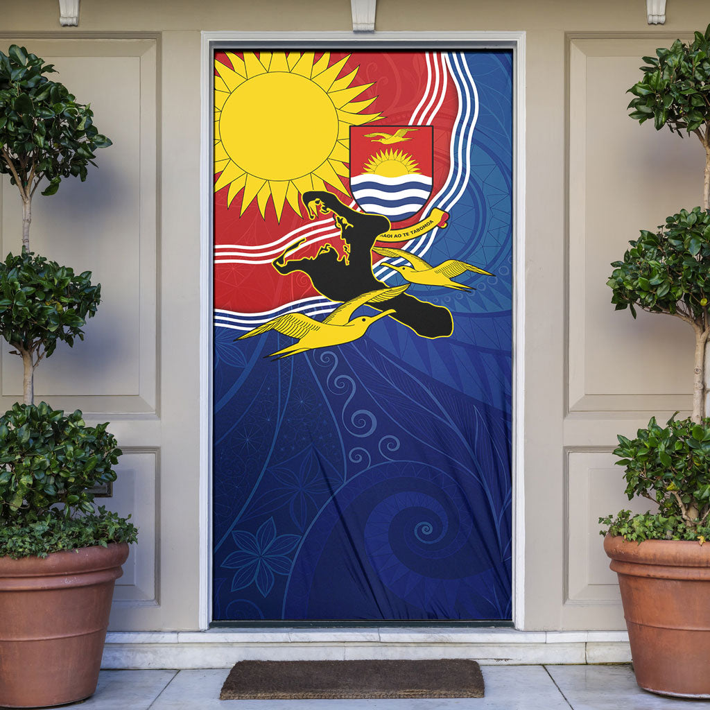 Kiribati Flag Coat Of Arms Door Cover Sun Rising Frigatebird Pacific Island Tribal Pattern TS04 Red Yellow - Polynesian Pride