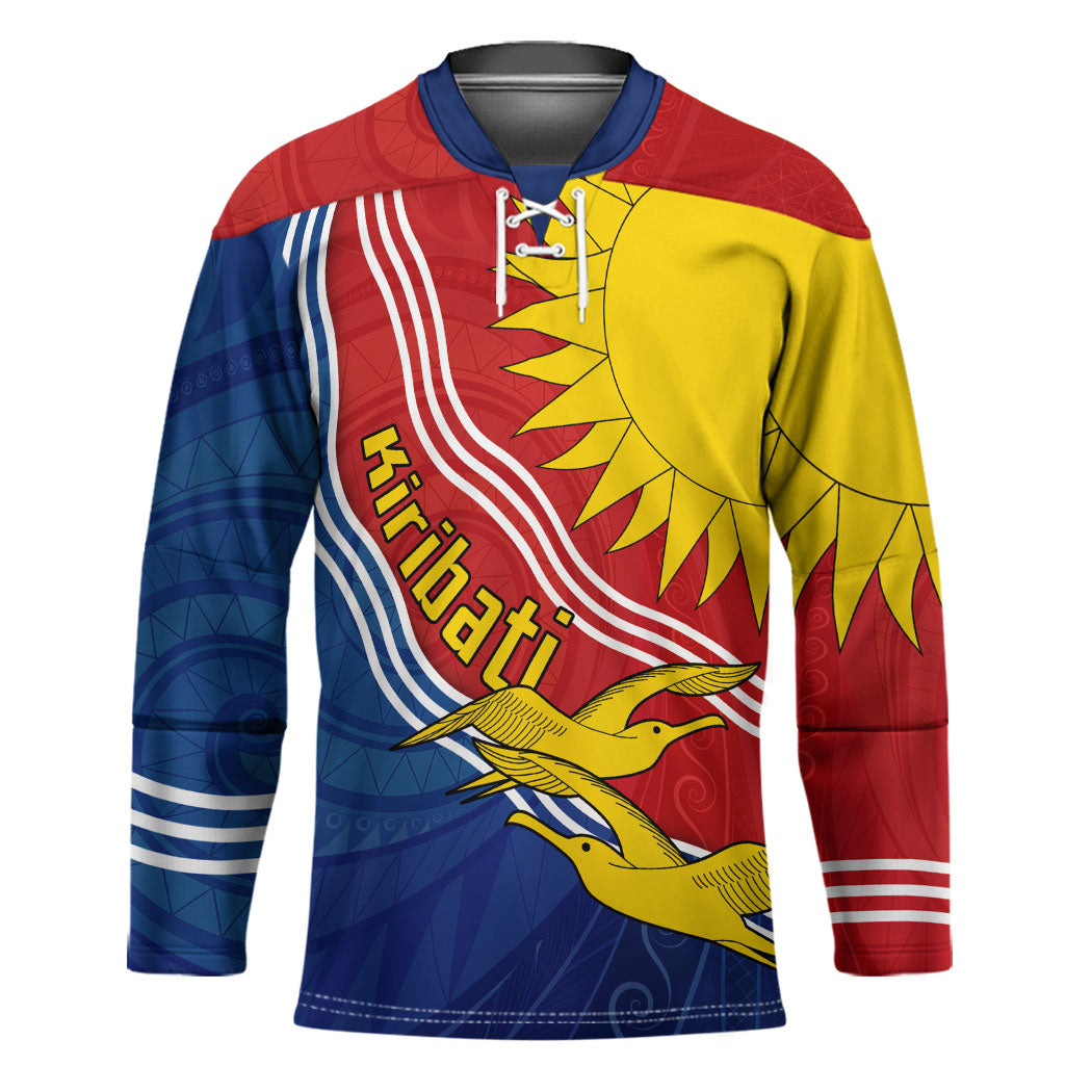 Kiribati Flag Coat Of Arms Hockey Jersey Sun Rising Frigatebird Pacific Island Tribal Pattern TS04 Unisex Red Yellow - Polynesian Pride