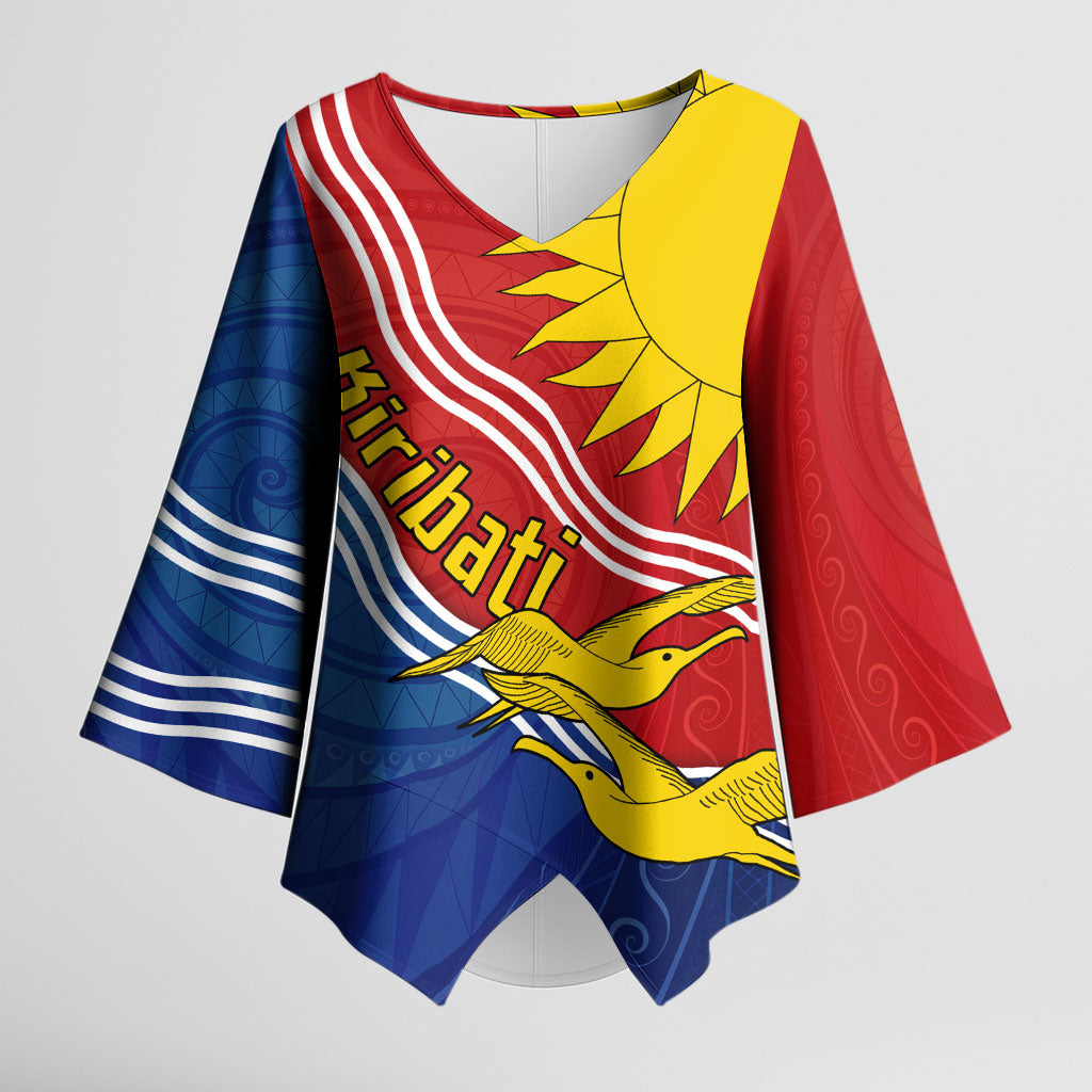 Kiribati Flag Coat Of Arms Kimono Sleeve Blouse Sun Rising Frigatebird Pacific Island Tribal Pattern TS04 Female Red Yellow - Polynesian Pride