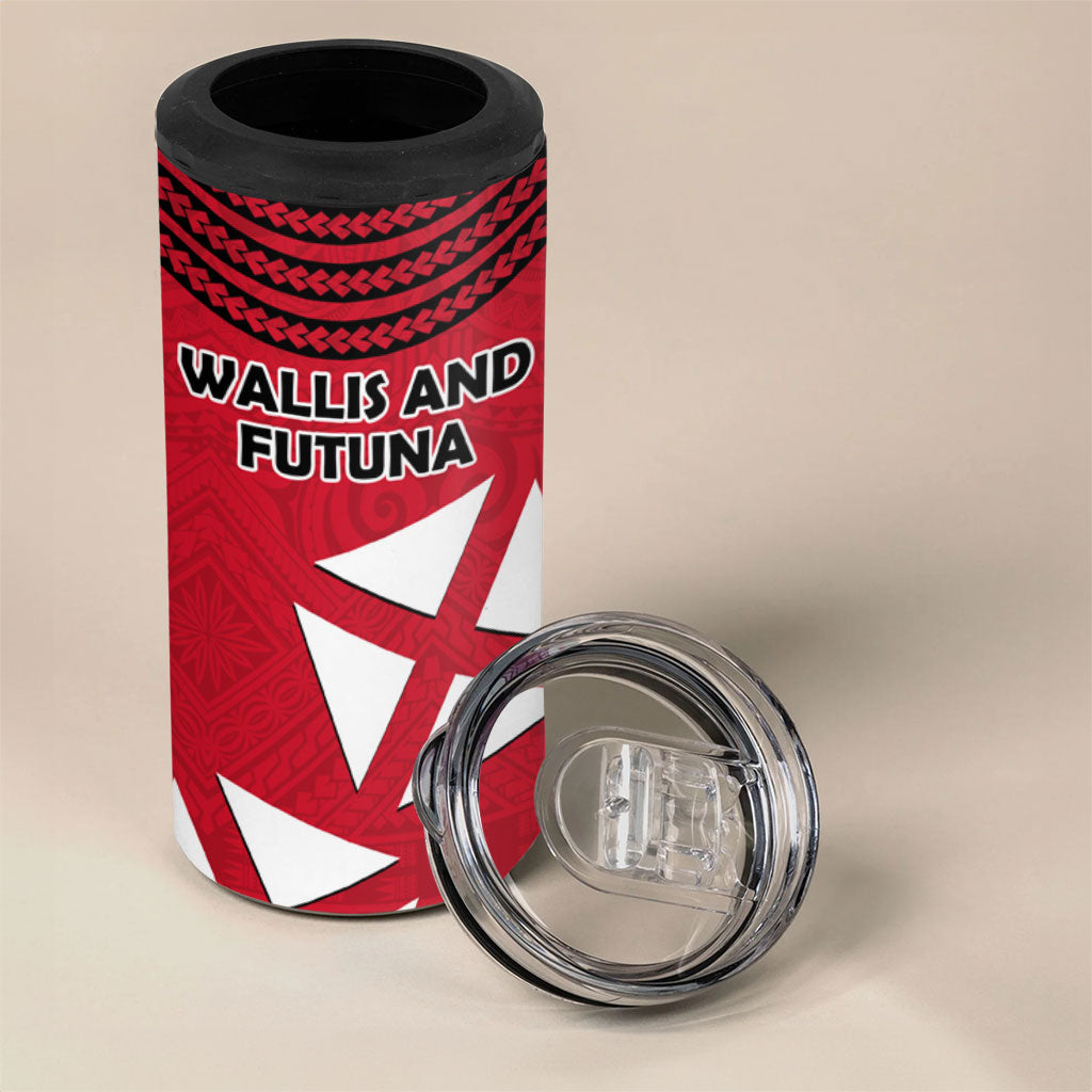 Wallis And Futuna 4 in 1 Can Cooler Tumbler Polynesian Tattoo Flag Map