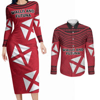 Wallis And Futuna Couples Matching Long Sleeve Bodycon Dress and Long Sleeve Button Shirt Polynesian Tattoo Flag Map
