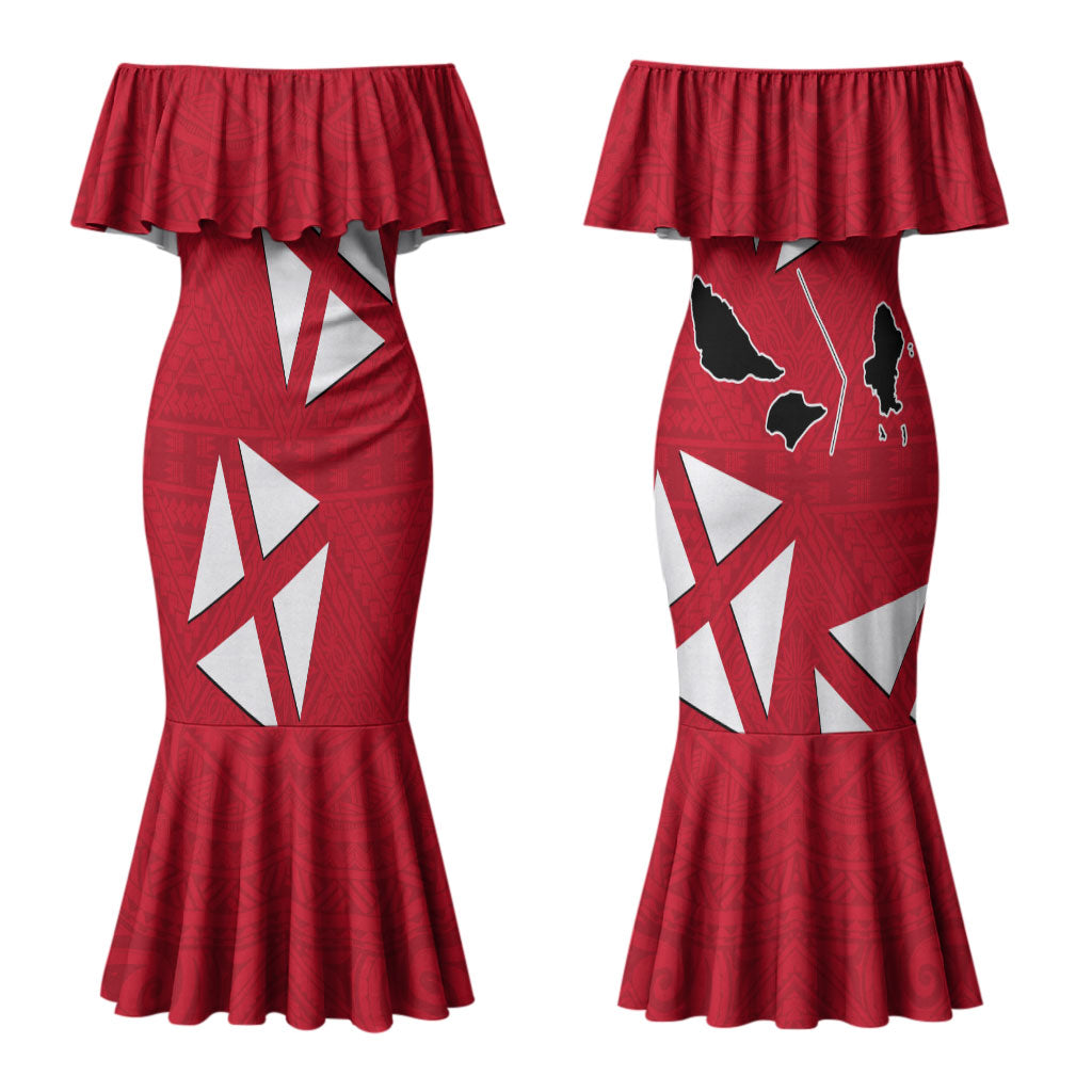 Wallis And Futuna Couples Matching Mermaid Dress and Long Sleeve Button Shirt Polynesian Tattoo Flag Map