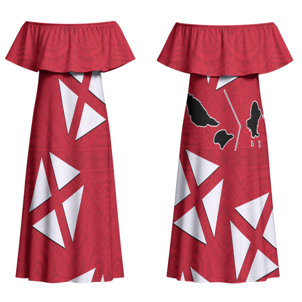Wallis And Futuna Couples Matching Off Shoulder Maxi Dress and Hawaiian Shirt Polynesian Tattoo Flag Map