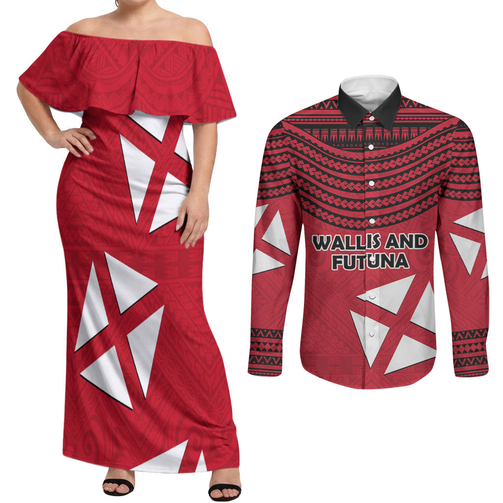 Wallis And Futuna Couples Matching Off Shoulder Maxi Dress and Long Sleeve Button Shirt Polynesian Tattoo Flag Map