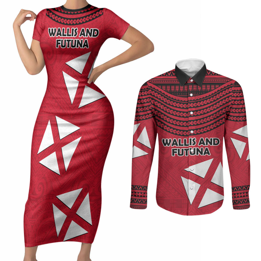 Wallis And Futuna Couples Matching Short Sleeve Bodycon Dress and Long Sleeve Button Shirt Polynesian Tattoo Flag Map
