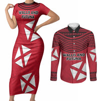 Wallis And Futuna Couples Matching Short Sleeve Bodycon Dress and Long Sleeve Button Shirt Polynesian Tattoo Flag Map