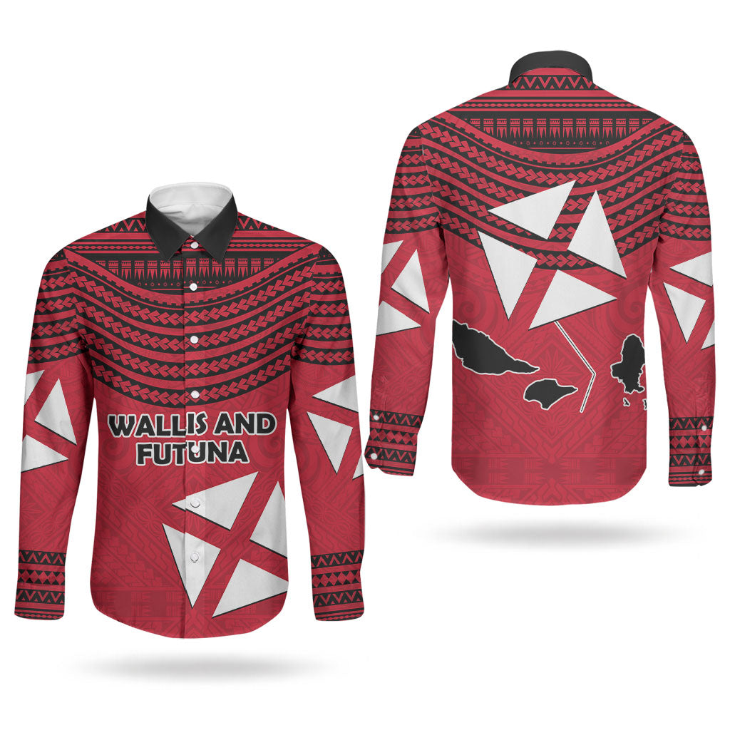 Wallis And Futuna Couples Matching Summer Maxi Dress and Long Sleeve Button Shirt Polynesian Tattoo Flag Map