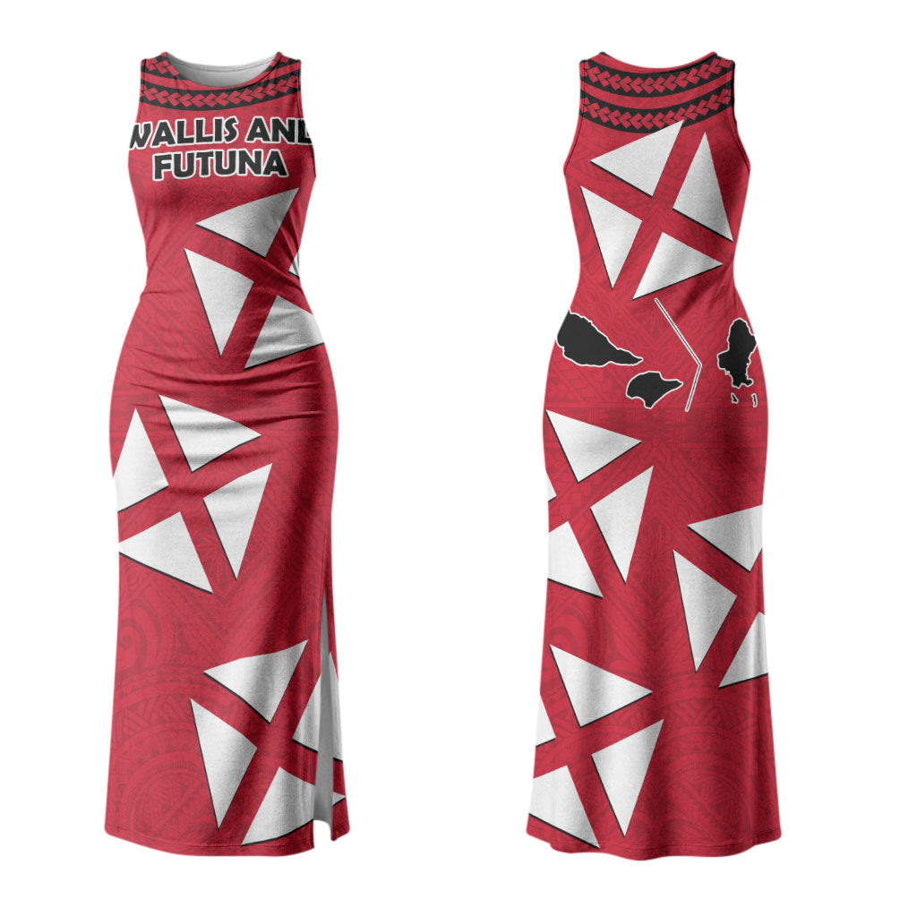 Wallis And Futuna Couples Matching Tank Maxi Dress and Long Sleeve Button Shirt Polynesian Tattoo Flag Map