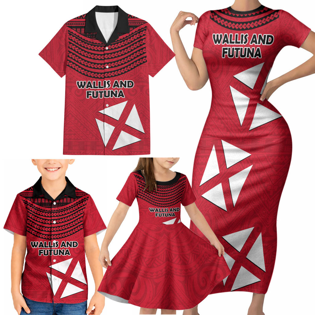 Wallis And Futuna Family Matching Short Sleeve Bodycon Dress and Hawaiian Shirt Polynesian Tattoo Flag Map