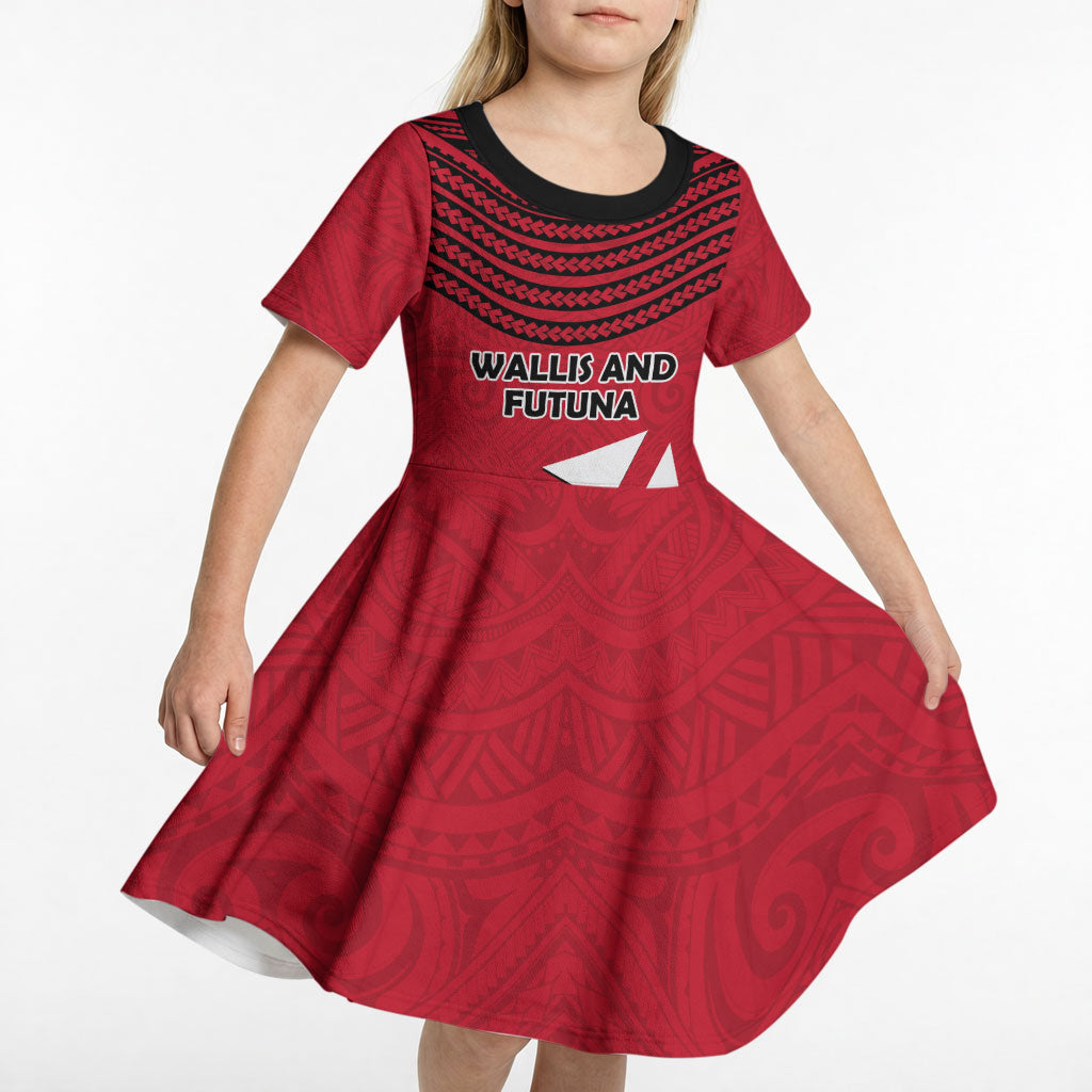 Wallis And Futuna Kid Short Sleeve Dress Polynesian Tattoo Flag Map