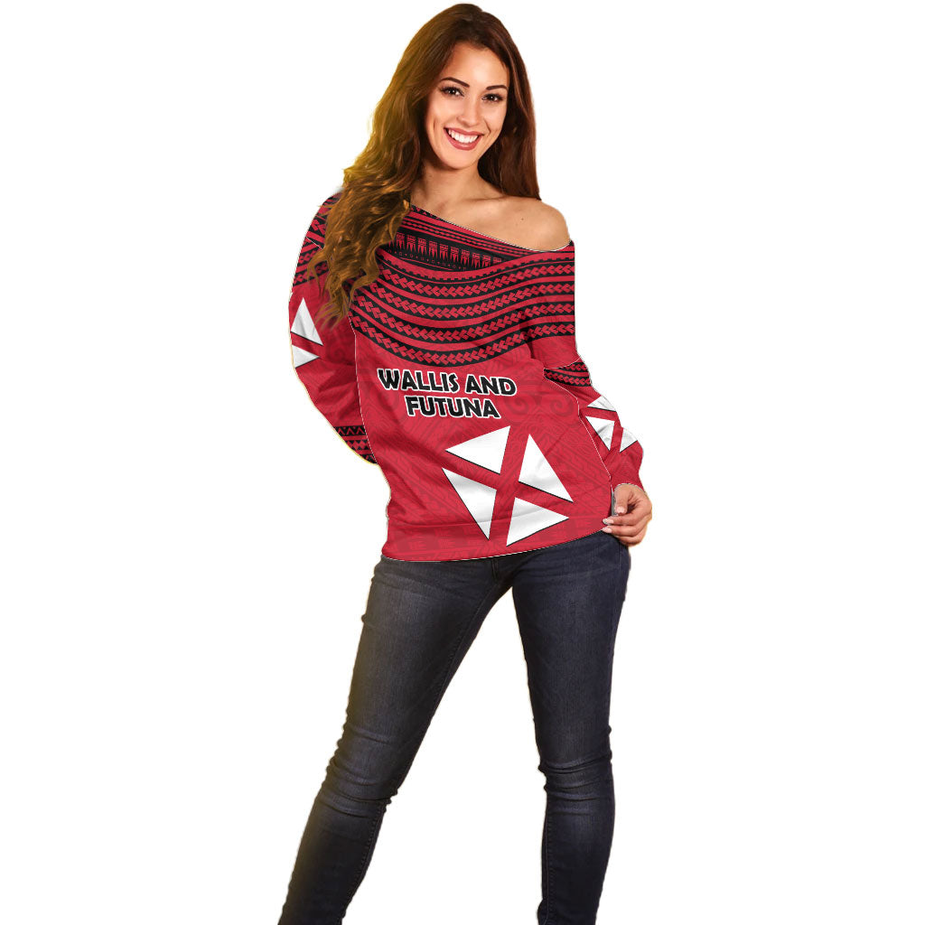 Wallis And Futuna Off Shoulder Sweater Polynesian Tattoo Flag Map