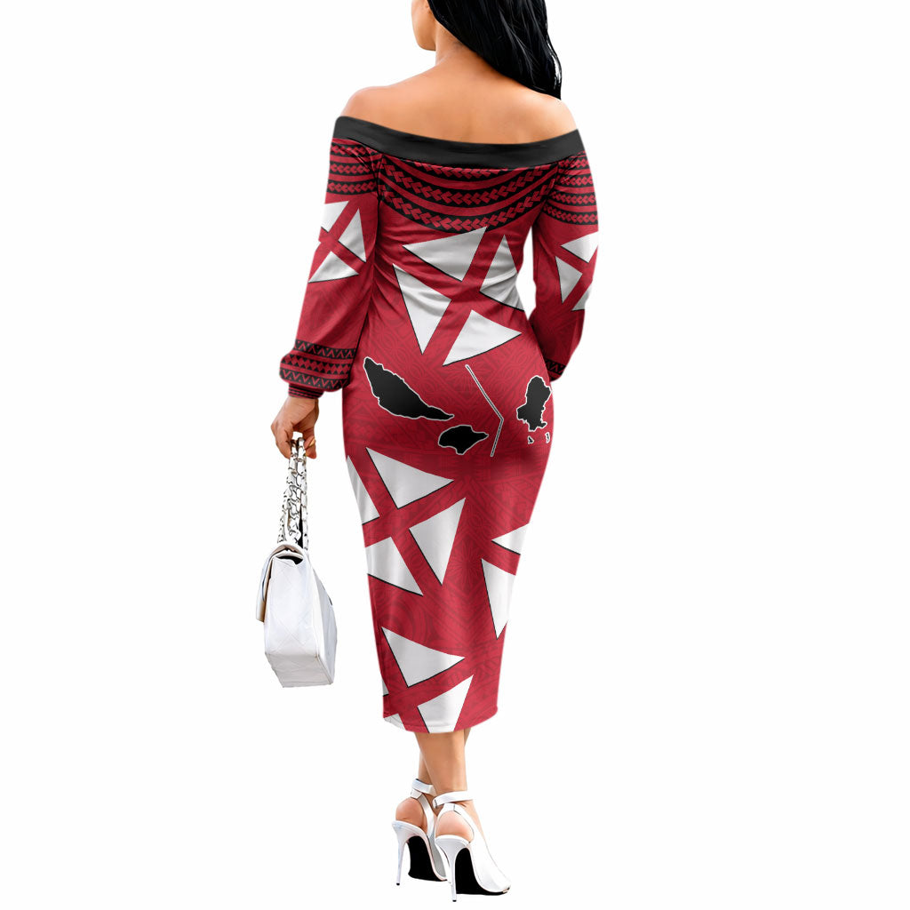 Wallis And Futuna Off The Shoulder Long Sleeve Dress Polynesian Tattoo Flag Map
