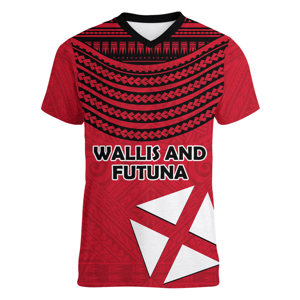 Wallis And Futuna Women V-Neck T-Shirt Polynesian Tattoo Flag Map