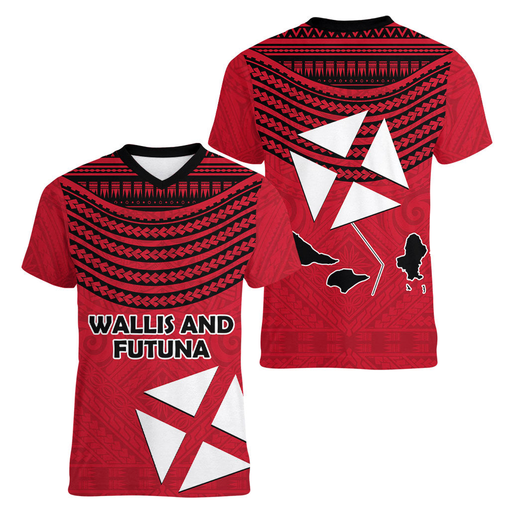 Wallis And Futuna Women V-Neck T-Shirt Polynesian Tattoo Flag Map