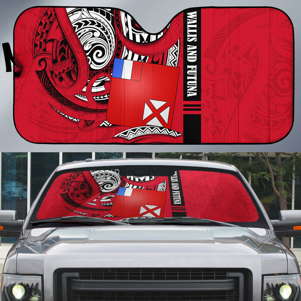 Wallis And Futuna Auto Sun Shade Tribal Polynesian Tattoo Flag Motif TS04 Red Black - Polynesian Pride