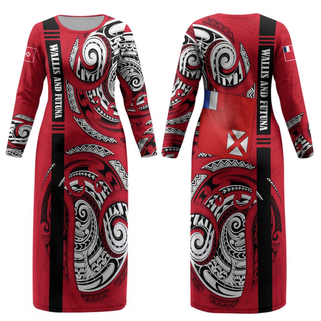 Wallis And Futuna Couples Matching Long Sleeve Bodycon Dress and Long Sleeve Button Shirt Tribal Polynesian Tattoo Flag Motif