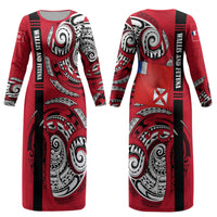 Wallis And Futuna Couples Matching Long Sleeve Bodycon Dress and Long Sleeve Button Shirt Tribal Polynesian Tattoo Flag Motif