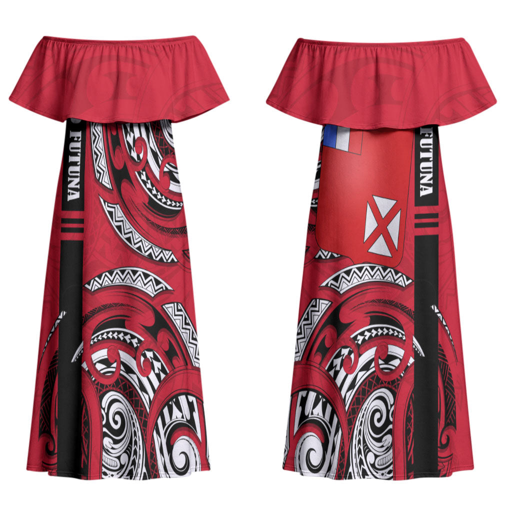 Wallis And Futuna Couples Matching Off Shoulder Maxi Dress and Hawaiian Shirt Tribal Polynesian Tattoo Flag Motif