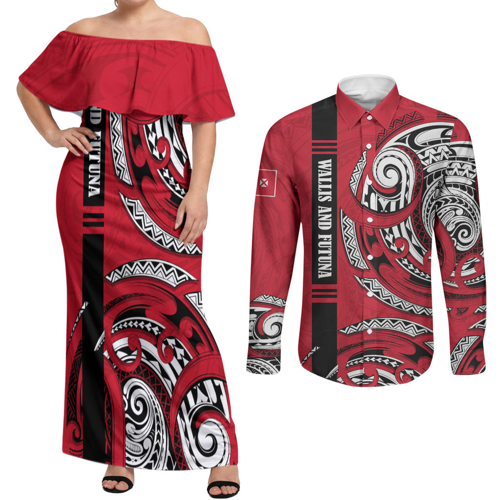 Wallis And Futuna Couples Matching Off Shoulder Maxi Dress and Long Sleeve Button Shirt Tribal Polynesian Tattoo Flag Motif