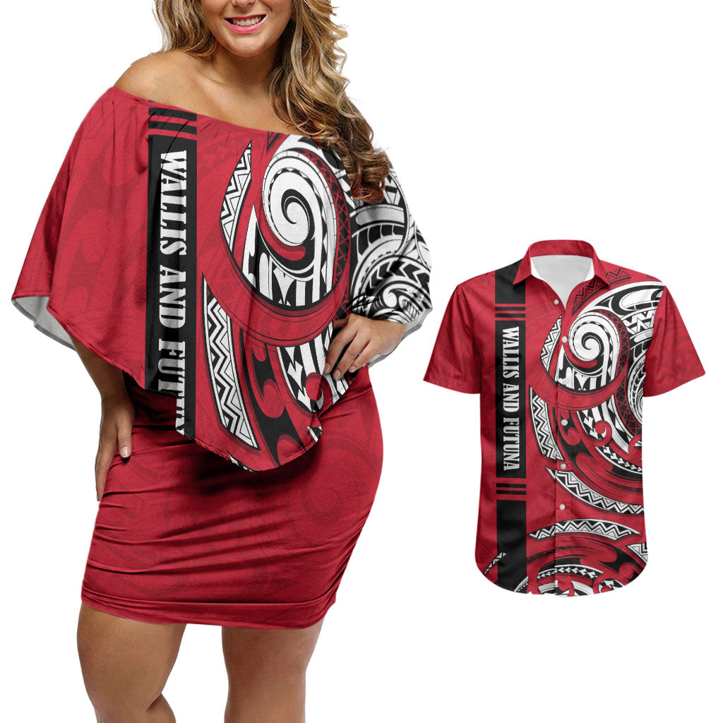 Wallis And Futuna Couples Matching Off Shoulder Short Dress and Hawaiian Shirt Tribal Polynesian Tattoo Flag Motif