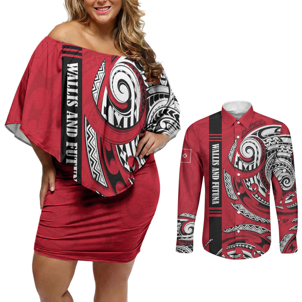 Wallis And Futuna Couples Matching Off Shoulder Short Dress and Long Sleeve Button Shirt Tribal Polynesian Tattoo Flag Motif