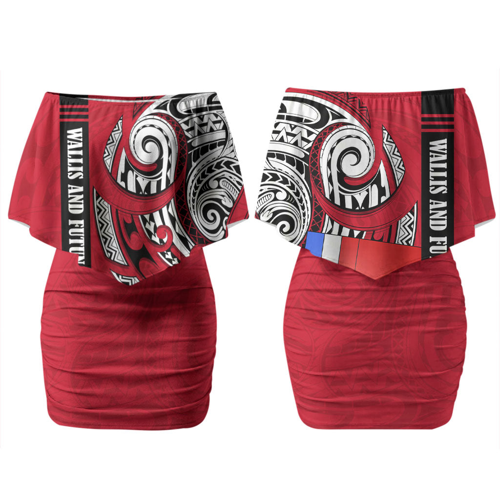 Wallis And Futuna Couples Matching Off Shoulder Short Dress and Long Sleeve Button Shirt Tribal Polynesian Tattoo Flag Motif