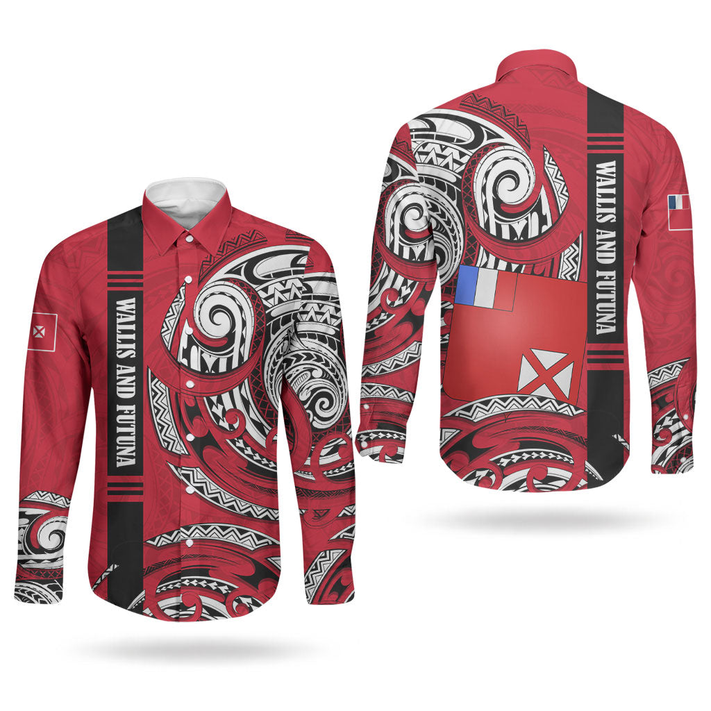 Wallis And Futuna Couples Matching Puletasi and Long Sleeve Button Shirt Tribal Polynesian Tattoo Flag Motif