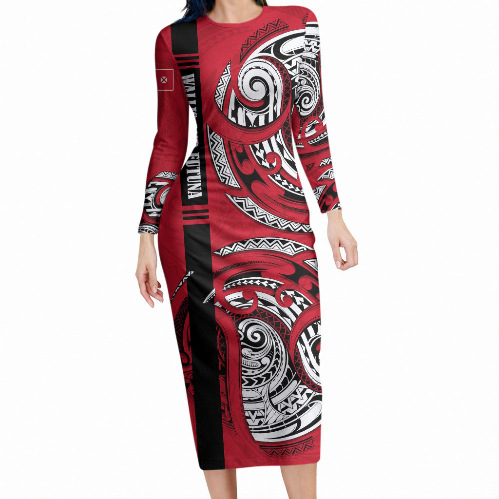 Wallis And Futuna Long Sleeve Bodycon Dress Tribal Polynesian Tattoo Flag Motif