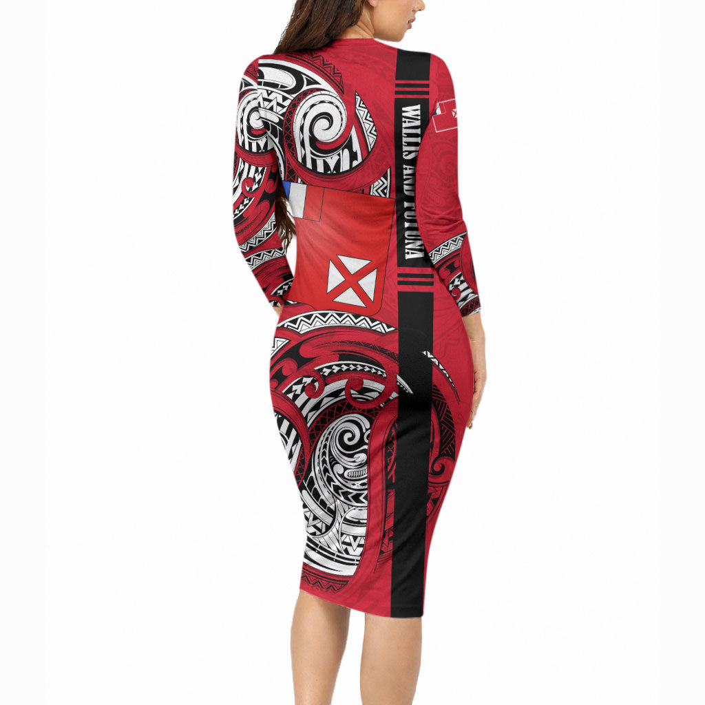 Wallis And Futuna Long Sleeve Bodycon Dress Tribal Polynesian Tattoo Flag Motif