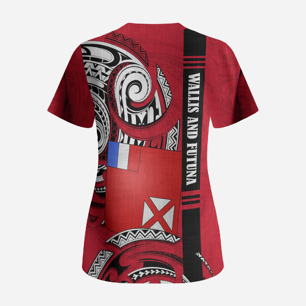 Wallis And Futuna Scrub Top Tribal Polynesian Tattoo Flag Motif