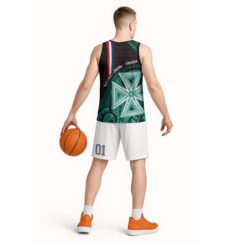 Wallis And Futuna Basketball Jersey Tribal Polynesian Tattoo Heritage Cross Flag