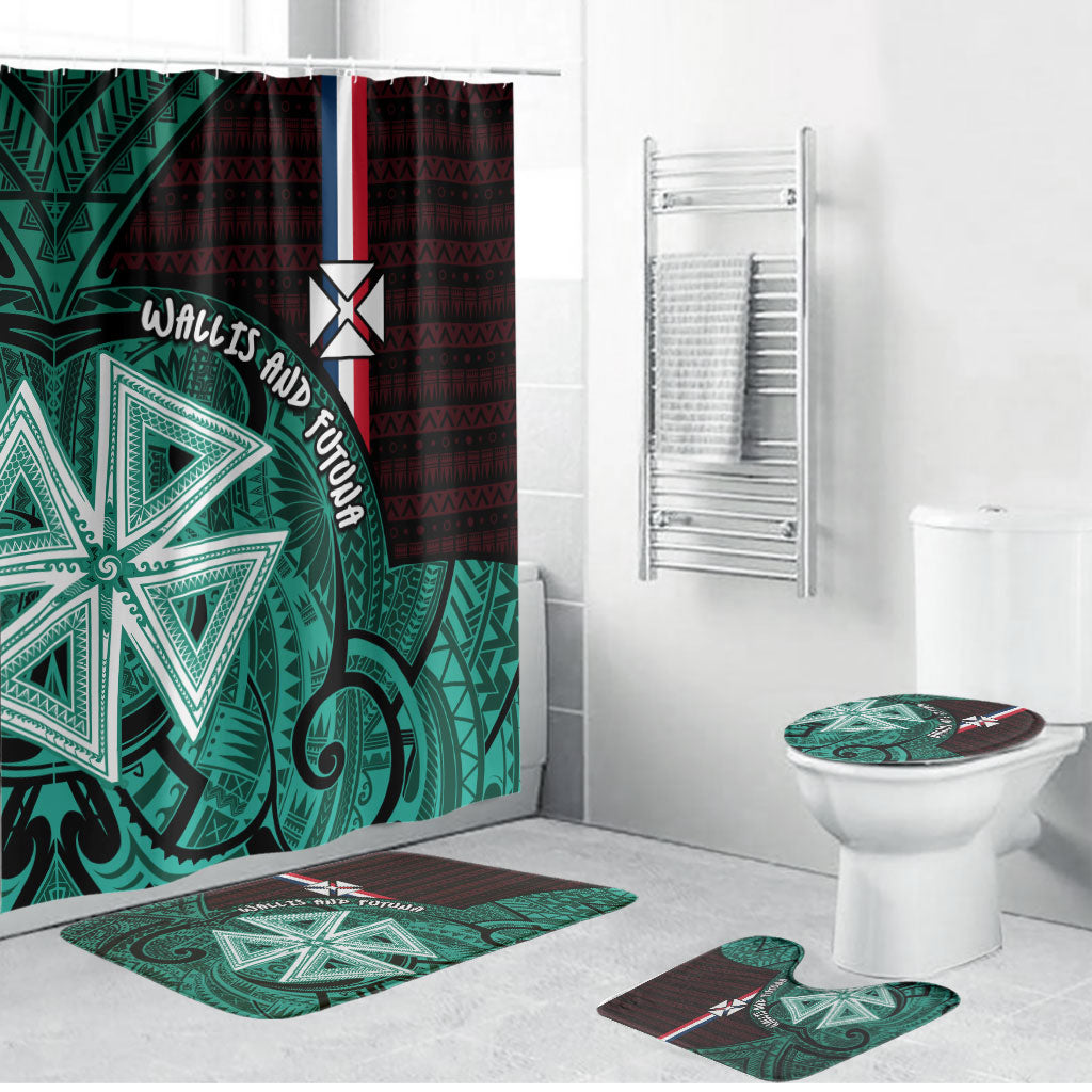 Wallis And Futuna Bathroom Set Tribal Polynesian Tattoo Heritage Cross Flag TS04 Bathroom Set (4 pcs) Green Black - Polynesian Pride