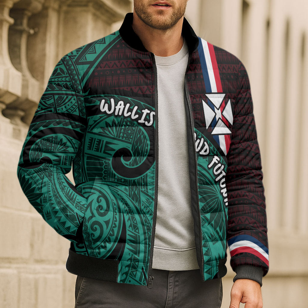Wallis And Futuna Bomber Puffer Jacket Tribal Polynesian Tattoo Heritage Cross Flag