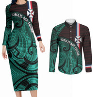 Wallis And Futuna Couples Matching Long Sleeve Bodycon Dress and Long Sleeve Button Shirt Tribal Polynesian Tattoo Heritage Cross Flag