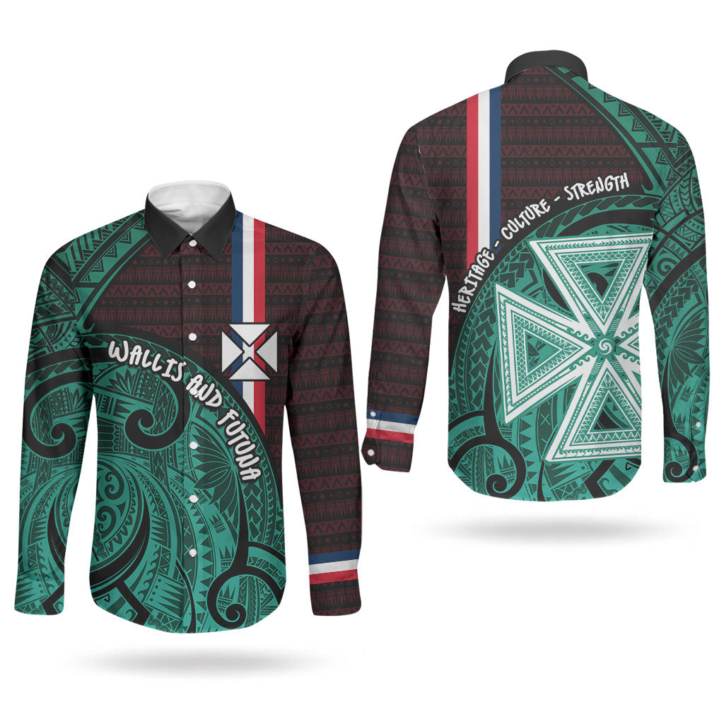 Wallis And Futuna Couples Matching Long Sleeve Bodycon Dress and Long Sleeve Button Shirt Tribal Polynesian Tattoo Heritage Cross Flag