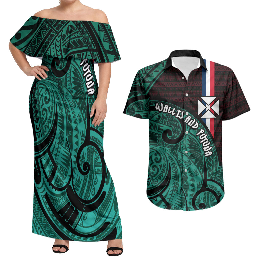 Wallis And Futuna Couples Matching Off Shoulder Maxi Dress and Hawaiian Shirt Tribal Polynesian Tattoo Heritage Cross Flag