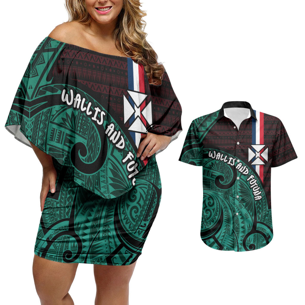 Wallis And Futuna Couples Matching Off Shoulder Short Dress and Hawaiian Shirt Tribal Polynesian Tattoo Heritage Cross Flag