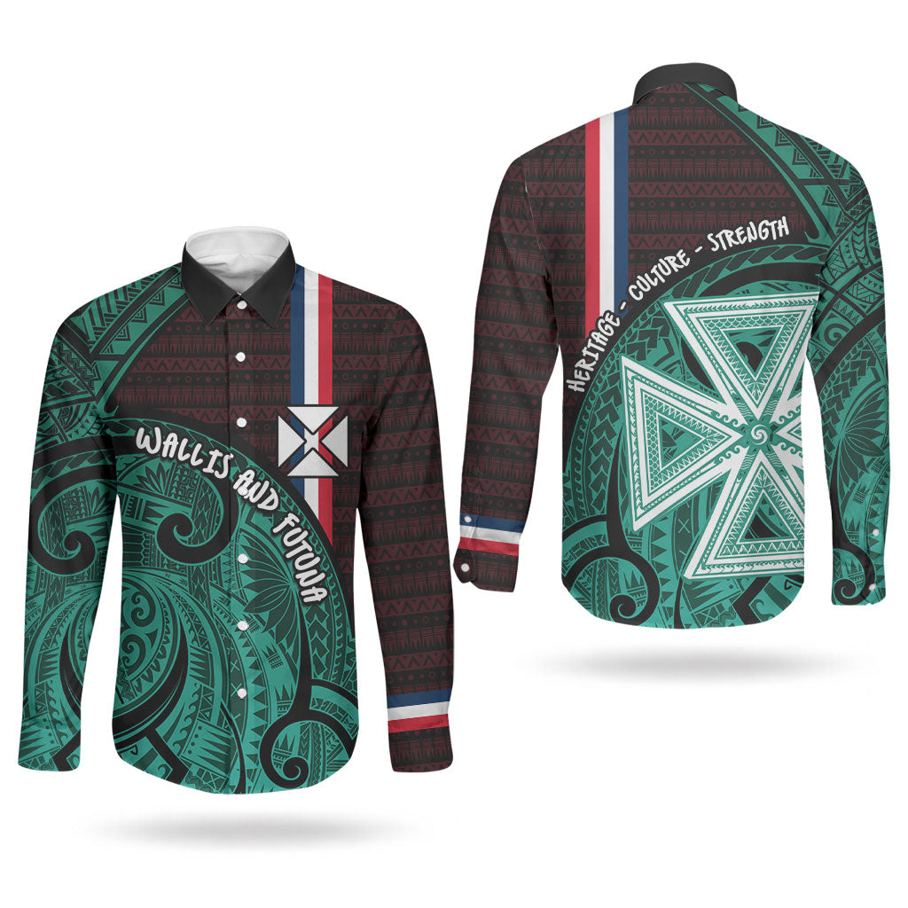 Wallis And Futuna Couples Matching Off The Shoulder Long Sleeve Dress and Long Sleeve Button Shirt Tribal Polynesian Tattoo Heritage Cross Flag