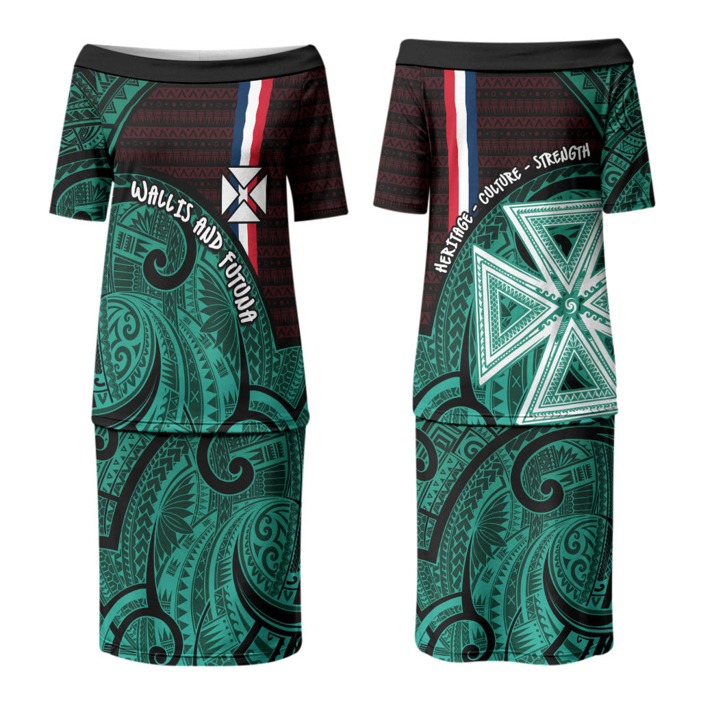 Wallis And Futuna Couples Matching Puletasi and Hawaiian Shirt Tribal Polynesian Tattoo Heritage Cross Flag