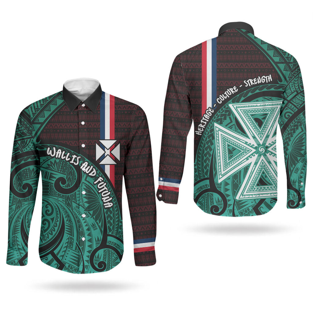 Wallis And Futuna Couples Matching Short Sleeve Bodycon Dress and Long Sleeve Button Shirt Tribal Polynesian Tattoo Heritage Cross Flag
