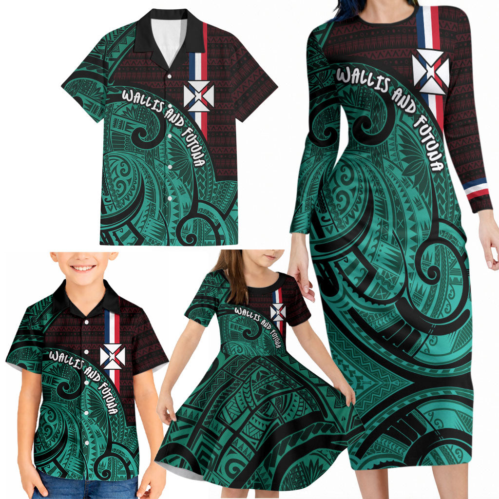 Wallis And Futuna Family Matching Long Sleeve Bodycon Dress and Hawaiian Shirt Tribal Polynesian Tattoo Heritage Cross Flag
