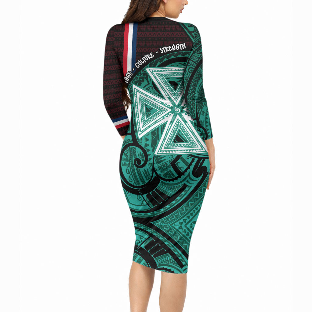 Wallis And Futuna Long Sleeve Bodycon Dress Tribal Polynesian Tattoo Heritage Cross Flag