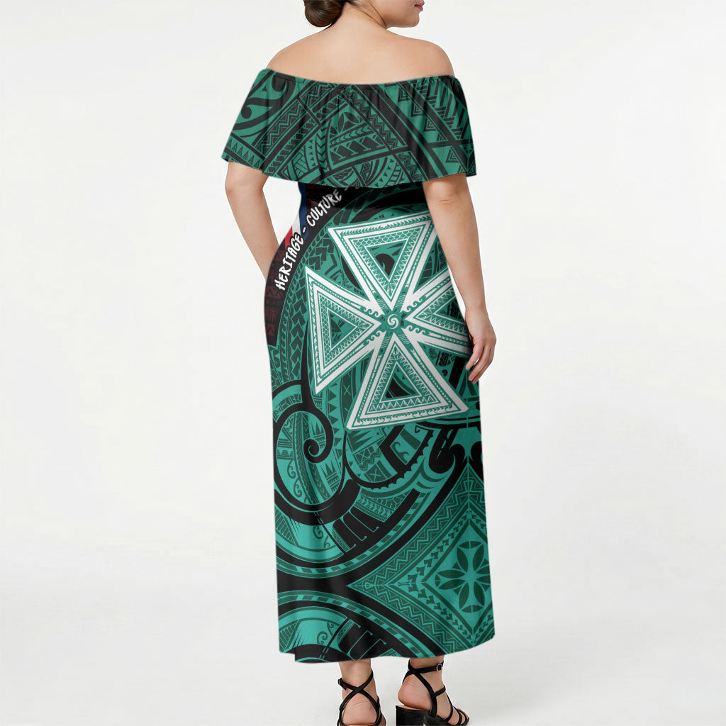 Wallis And Futuna Off Shoulder Maxi Dress Tribal Polynesian Tattoo Heritage Cross Flag