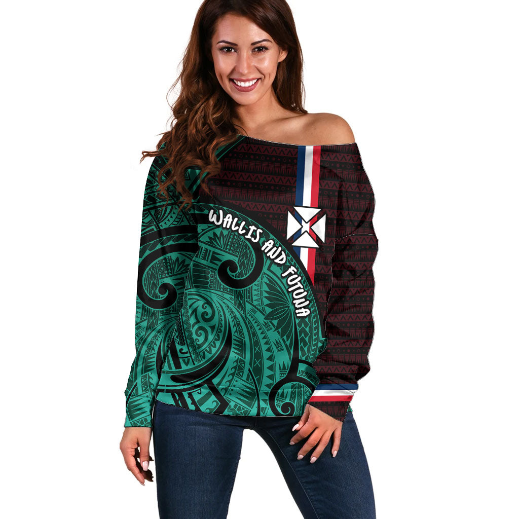 Wallis And Futuna Off Shoulder Sweater Tribal Polynesian Tattoo Heritage Cross Flag