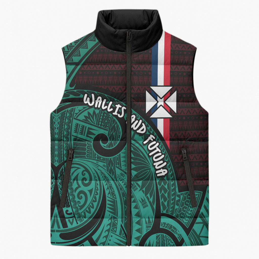 Wallis And Futuna Sleeveless Puffer Jacket Tribal Polynesian Tattoo Heritage Cross Flag
