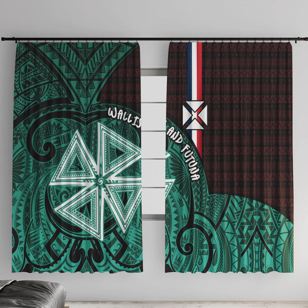 Wallis And Futuna Window Curtain Tribal Polynesian Tattoo Heritage Cross Flag TS04 With Hooks Green Black - Polynesian Pride