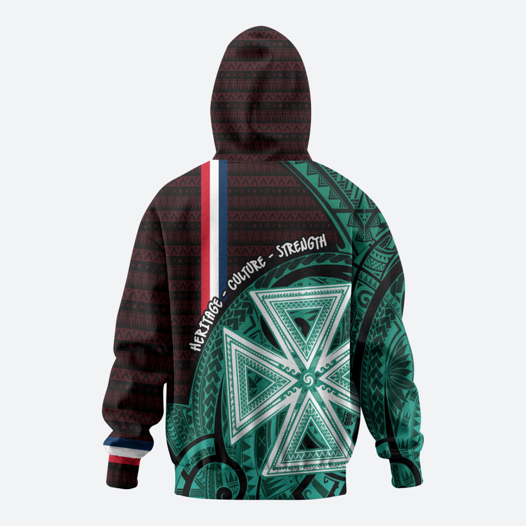Wallis And Futuna Zip Hoodie Tribal Polynesian Tattoo Heritage Cross Flag