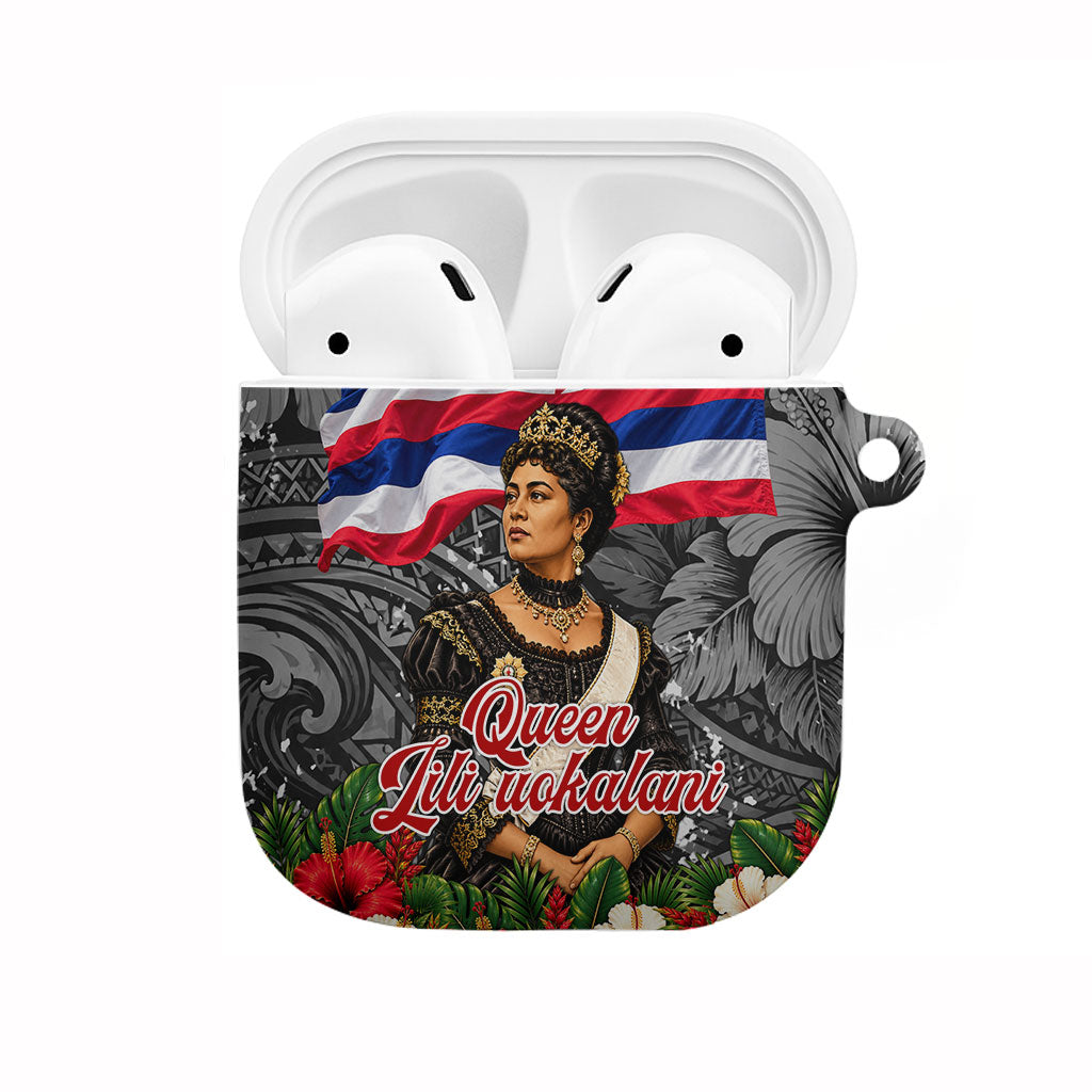 Queen Liliuokalani Hawaiian Flag AirPods Case Polynesian Tribal Pattern And Tropical Hibiscus TS04 Grey Red - Polynesian Pride